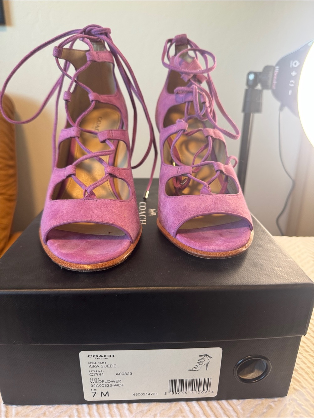 Coach Mauve Suede Lace-Up Open-Toe Heels